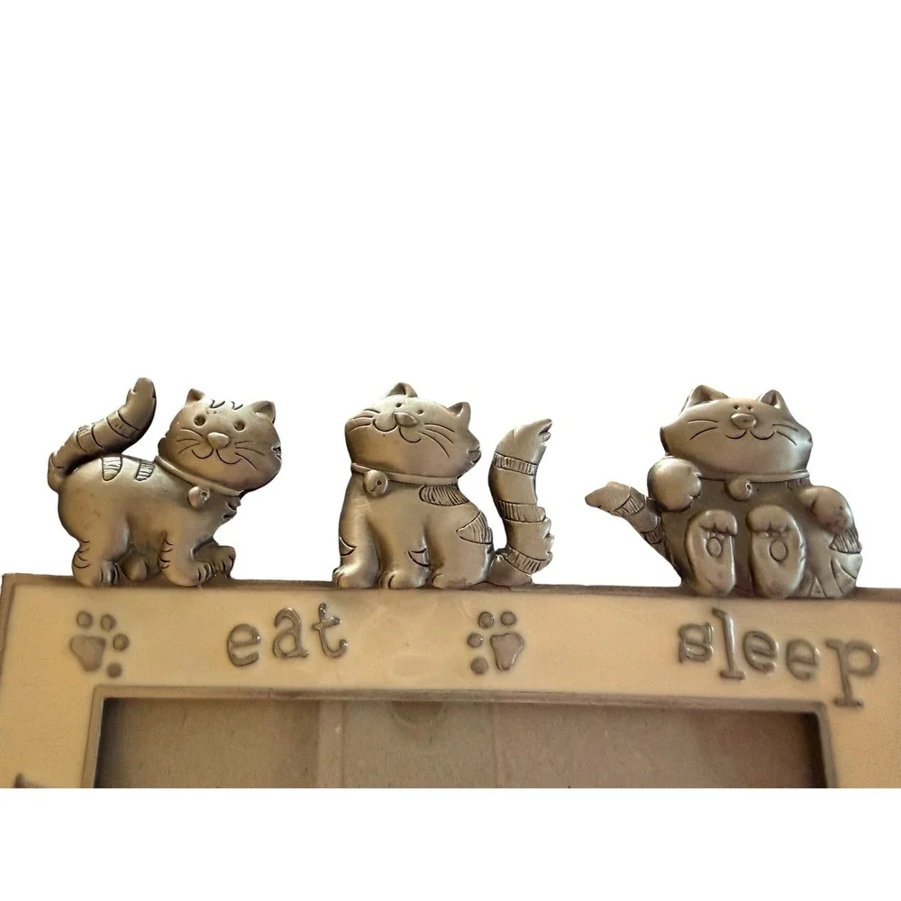Vtg Pewter Style Cat Picture Frame‎ Eat Play Sleep Paw Prints Silver Cream 5x7
